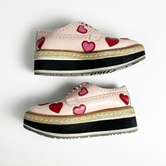 PRADA Pink Red Heart Leather Platform Loafers 39 US 8.5 Flats Lace Up Oxfords - Picture 9 of 13